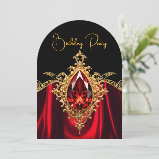 Elegante Stijlvolle Verjaardag Regal Red Gold Jewe Kaart (Staand voorkant)