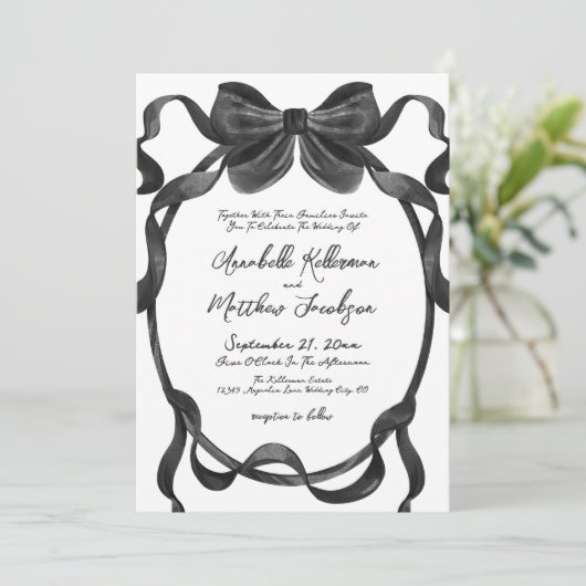 Elegante stijlvolle Waterverf Black Bow Wedding Kaart (Staand voorkant)
