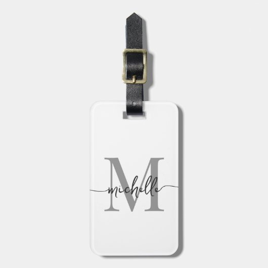 Elegante stijlvolle witte grijze monogram initiaal bagagelabel (Voorkant verticaal)