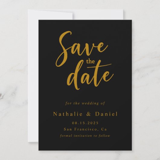 Elegante stijlvolle zwart en goud QR code bruiloft Save The Date (Voorkant)
