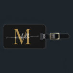 Elegante stijlvolle zwarte gouden initiaal in mono bagagelabel<br><div class="desc">Meisjesachtige stijlvolle moderne elegante zwarte en gouden monogram initiële naam script op maat gemaakte gepersonaliseerde bagage label. Dit ontwerp bevat een voornaam in een mooie met krullen versierde letter in kalligrafie (of typografie) met monogram beginletter, adresinfo in goud en wit op zwart. Deze zijn gemakkelijk aan te passen. Stijlvol vrouwelijk...</div>