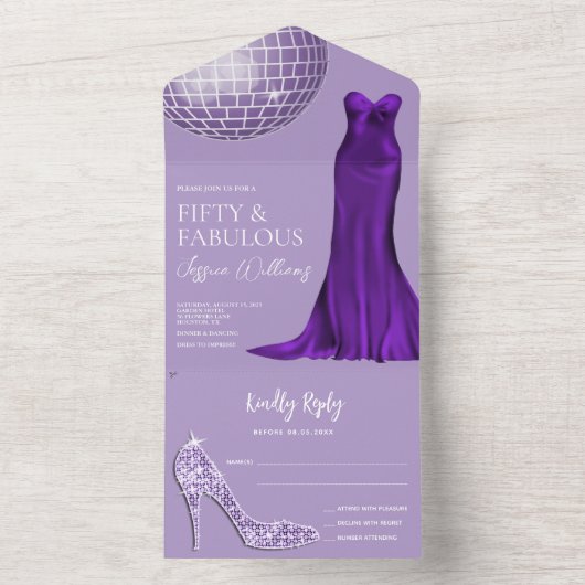 Elegante Stiletto & Indigo Gown 50e verjaardag All In One Uitnodiging (Binnen)