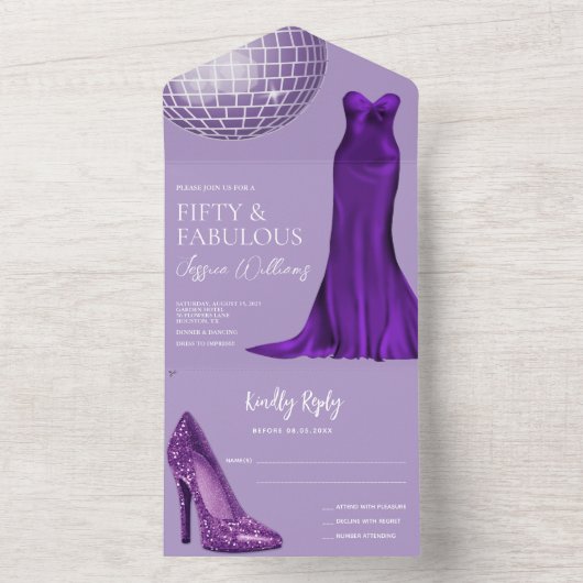 Elegante Stiletto & Indigo Gown 50e verjaardag All In One Uitnodiging (Binnen)