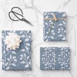 Elegante Stof Blauw Blad Botanische Silhouet Inpakpapier Vel