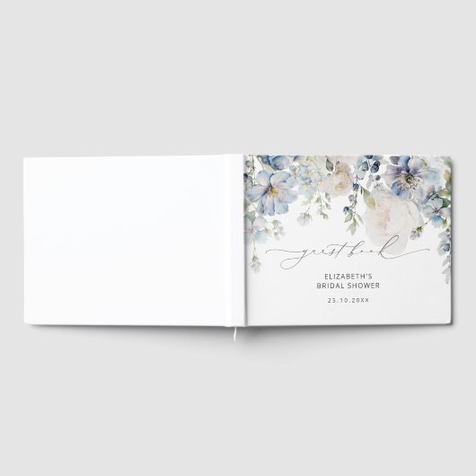 Elegante Stof Blauw Bloemig Bruidsdouche Gastenboek (Volledig)