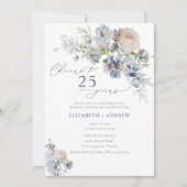 Elegante Stof Blauw Bloemmotief 25-jarig Huwelijks Kaart (Voorkant)