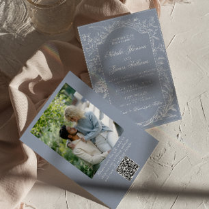 Elegante Stof Blauw Bloemmotief QR Code Foto Bruil Kaart