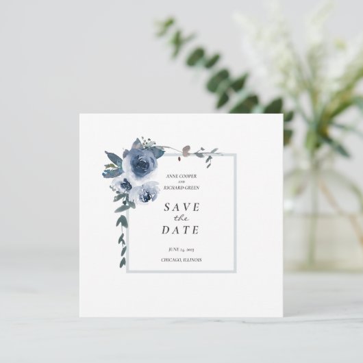 Elegante Stof Blauw Bloemstuk Bruiloft Save The Da Kaart (Staand voorkant)