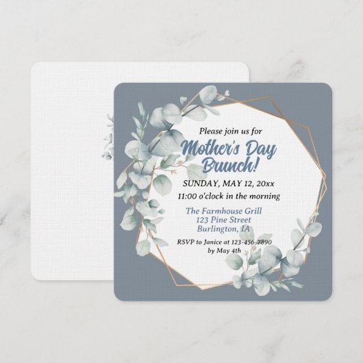 Elegante Stof Blauw Bloemstuk Moederdag Brunch Kaart (Voorkant / Achterkant)