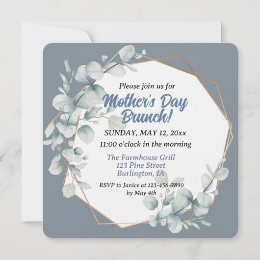 Elegante Stof Blauw Bloemstuk Moederdag Brunch Kaart (Voorkant)
