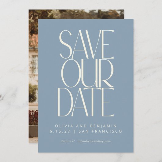 Elegante Stof Blauw Eenvoudig Modern Modieus Foto Save The Date (Voorkant / Achterkant)