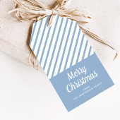 Elegante Stof Blauw Gestreepte Kerst  Cadeaulabel