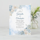 Elegante Stof Blauw Ivoor Roos Bloemen Bruiloft Kaart (Staand voorkant)