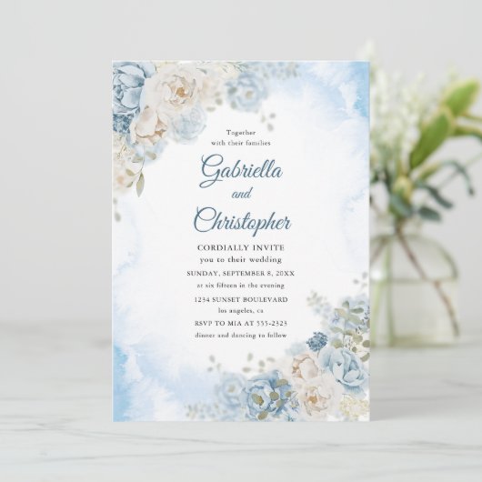 Elegante Stof Blauw Ivoor Roos Bloemen Bruiloft Kaart (Staand voorkant)