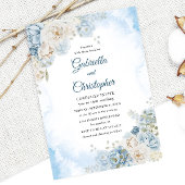 Elegante Stof Blauw Ivoor Roos Bloemen Bruiloft Kaart