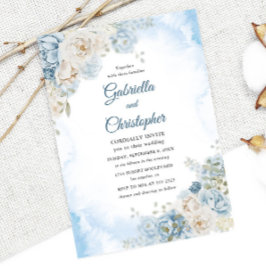 Elegante Stof Blauw Ivoor Roos Bloemen Bruiloft Kaart