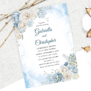 Elegante Stof Blauw Ivoor Roos Bloemen Bruiloft Kaart