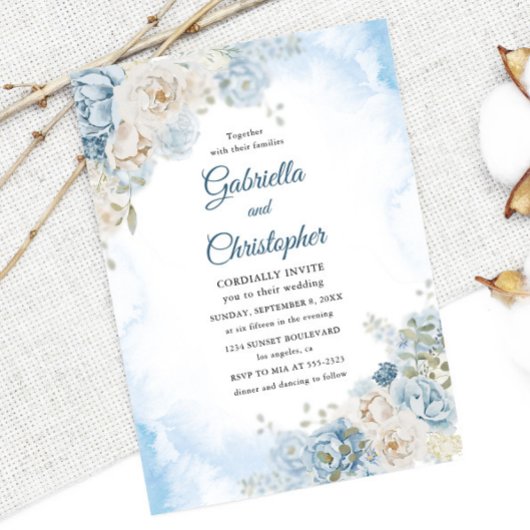 Elegante Stof Blauw Ivoor Roos Bloemen Bruiloft Kaart