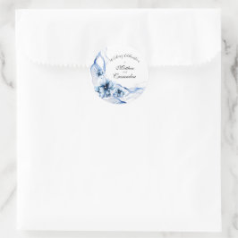 Elegante Stof Blauw Marine Bloemen Bruiloft  Ronde Sticker