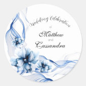 Elegante Stof Blauw Marine Bloemen Bruiloft  Ronde Sticker (Voorkant)