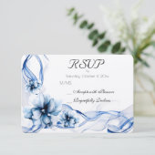 Elegante Stof Blauw Marine Bloemen Bruiloft  RSVP Kaartje (Staand voorkant)
