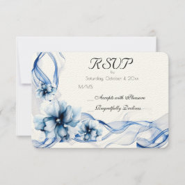 Elegante Stof Blauw Marine Bloemen Bruiloft  RSVP Kaartje