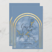 Elegante Stof Blauw Marmer Goud Boog Bruiloft Uitn Kaart (Voorkant / Achterkant)