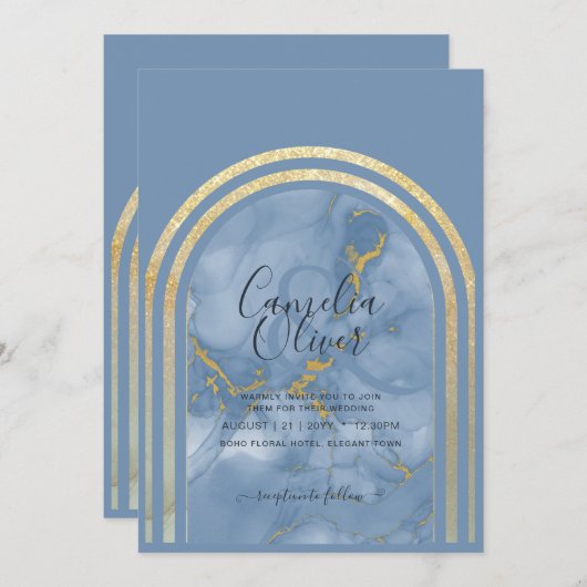 Elegante Stof Blauw Marmer Gouden Boog Trouw Uitno Kaart (Voorkant / Achterkant)
