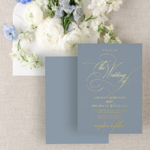Elegante Stof Blauw Moderne Kalligrafie Bruiloft F Folie Uitnodiging