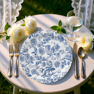 Elegante Stof Blauw Toile Bloemige Trouwdag Papieren Bordje