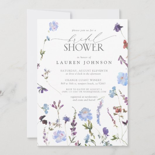 Elegante Stof Blauw Wilde Bloem Bloemrijke Bruids  Kaart (Voorkant)