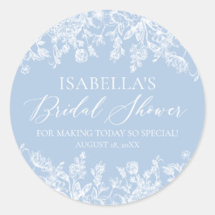 Elegante Stof Blauw Witte Wilde Bloem Bruidsdouche Ronde Sticker