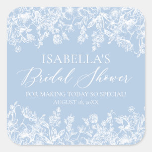 Elegante Stof Blauw Witte Wilde Bloem Bruidsdouche Vierkante Sticker