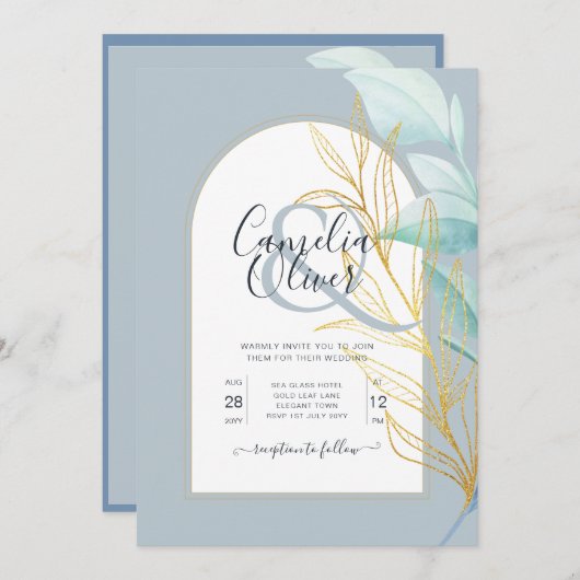 Elegante Stof Blauw ZeeGlas Gouden Blad Boog Bruil Kaart (Voorkant / Achterkant)