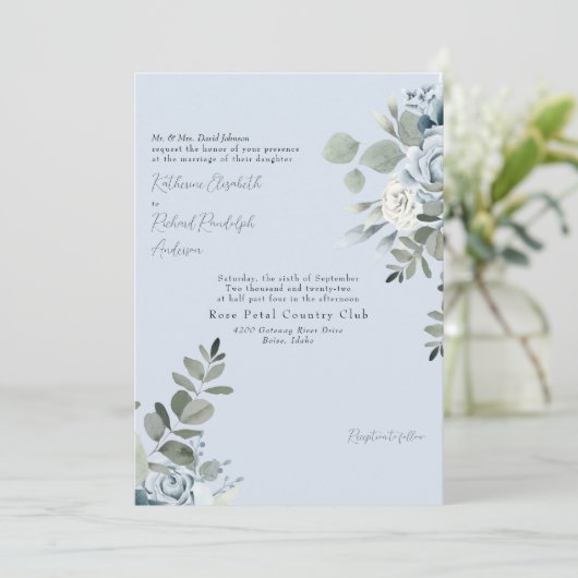 Elegante Stof Blauwe Bloem Bruid Ouders  Kaart (Staand voorkant)