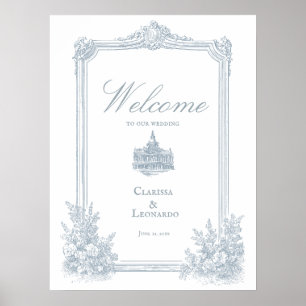 Elegante Stof Blauwe Bloemen Rand Bruiloft Welkom Poster