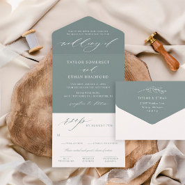 Elegante Stof Eucalyptus Script Bruiloft All In One Uitnodiging