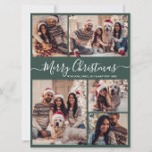 Elegante Stof Groen 5 Foto Collage Kerstmis Feestdagenkaart (Voorkant)