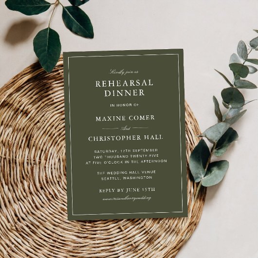 Elegante Stof Groen Script Rehearsal Dinner Kaart
