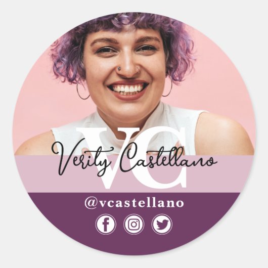 Elegante Stof Mauve Script Naam & Aangepaste Foto Ronde Sticker (Voorkant)