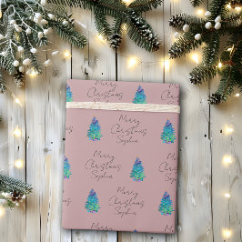 Elegante Stof Roze Douane Vrolijk Kerstboom Cadeaupapier