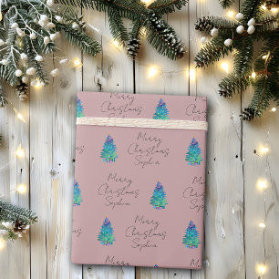 Elegante Stof Roze Douane Vrolijk Kerstboom Cadeaupapier