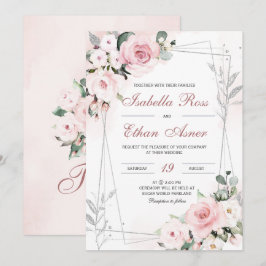 Elegante Stof Roze en Grijze Trouwuitnodigingen Kaart