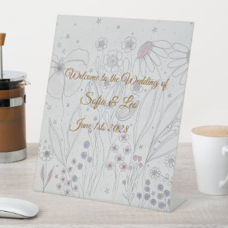 Elegante Stof Roze Grijs Handgetekend Bloem Bruilo Reclamebord Met Voetstuk