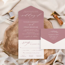 Elegante Stof Roze Kalligrafie Schrift Bruiloft All In One Uitnodiging