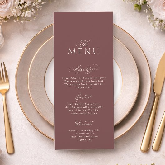Elegante Stof Roze Mauve Script Trouwmenu Kaart