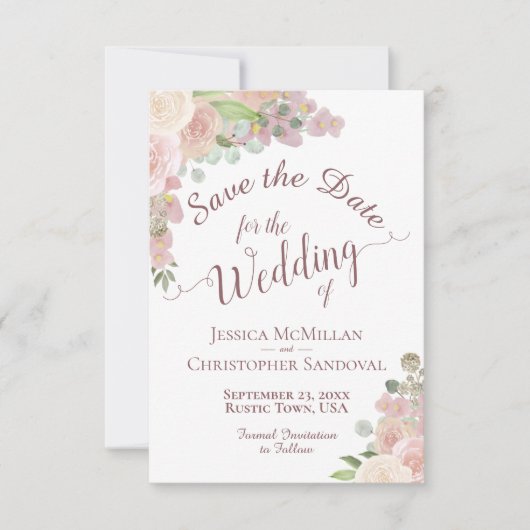 Elegante Stof Roze Roze Bloemige Boho Bruiloft Save The Date (Voorkant)