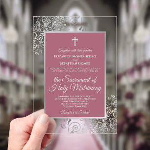 Elegante Stof Roze Sierlijke Zilveren Katholieke T Acryl Uitnodigingen