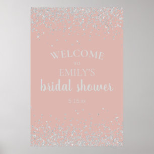 Elegante Stof Roze Zilveren Confetti Bruidsdouche Poster