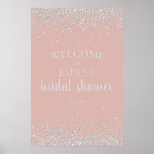 Elegante Stof Roze Zilveren Confetti Bruidsdouche Poster (Voorkant)